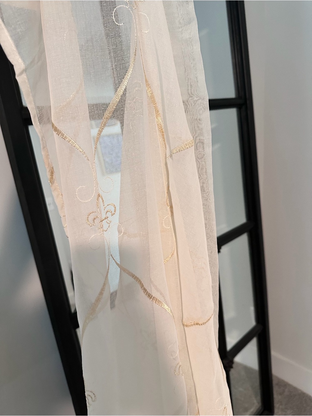 Sheer Gold Embroidered Fleur de Lis 2 panels of curtains  - Cream